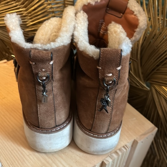 Coach Shearling Platform Boots with Turn-lock Closure, Charms, and Tan Suede - Picture 2 of 5